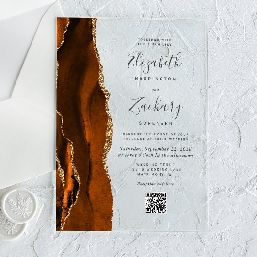 Burnt Orange Gold Agate QR Code Wedding Acryl Uitnodigingen
