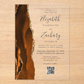 Burnt Orange Gold Agate QR Code Wedding Acryl Uitnodigingen (Voorkant)