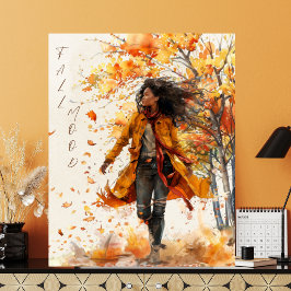 Burnt Orange Golden Autumn Leaves Black Woman Fall Poster