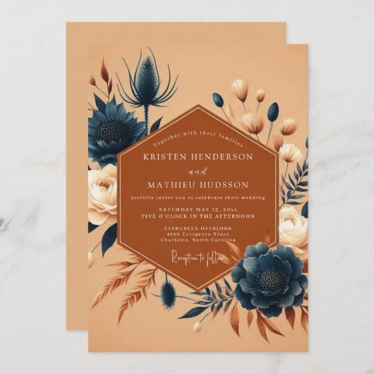 Burnt Orange Indigo Flora Wedding Kaart (Voorkant / Achterkant)