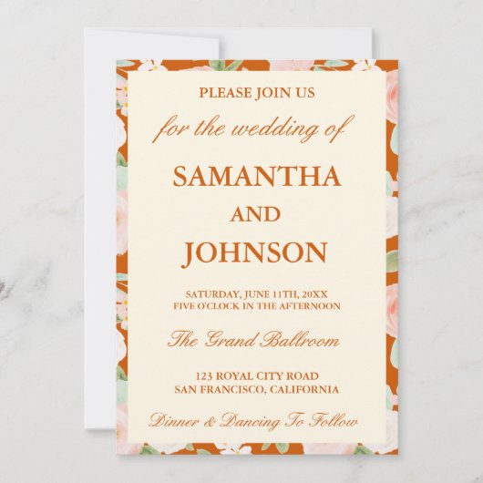 Burnt Orange Ivory Floral Monogram Photo Wedding Kaart (Voorkant)