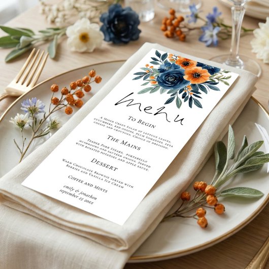 Burnt Orange Navy Blue Florals Wedding Menu
