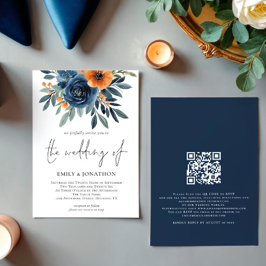 Burnt Orange Navy Florals QR Code Wedding Kaart