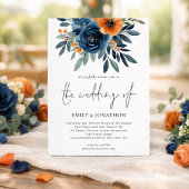 Burnt Orange Navy Florals QR Code Wedding Kaart