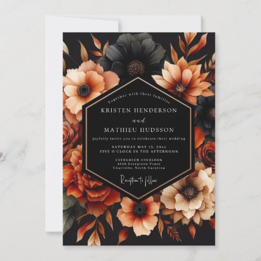 Burnt Orange Noir Bloom Wedding Kaart (Voorkant)