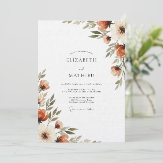 Burnt Orange Painterly Flora Wedding Kaart (Staand voorkant)