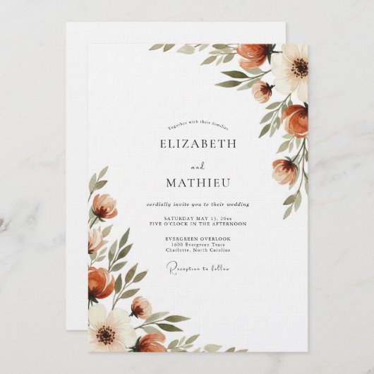 Burnt Orange Painterly Flora Wedding Kaart (Voorkant / Achterkant)