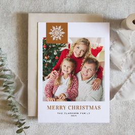 Burnt Orange Whimsical Snowflake Photo Christmas Feestdagen Kaart