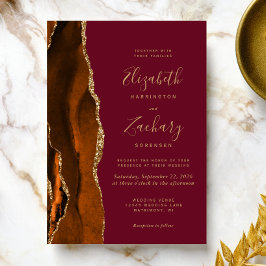 Burnt Oranje Agate Burgundy Gold Wedding Kaart