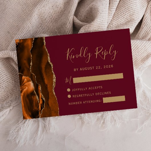 Burnt Oranje Agate Gold Burgundy Wedding RSVP Kaartje