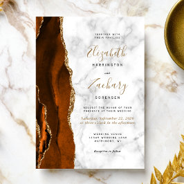 Burnt Oranje Agate Gold Marble Wedding Invitation Kaart