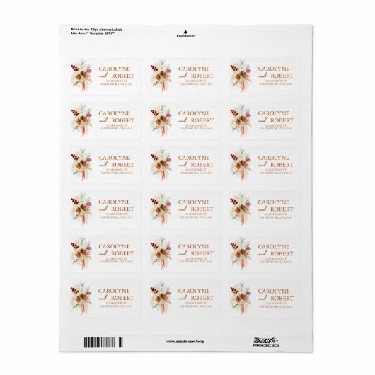 Burnt Oranje Bohemian Pampas Grass Wedding Address Etiket (Full Sheet)
