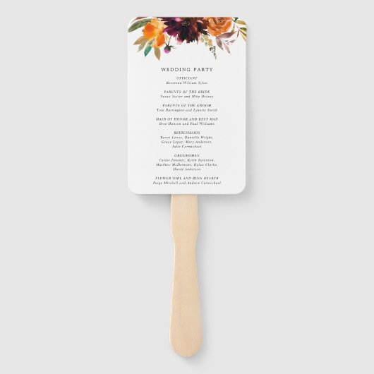 Burnt Oranje Burgundy Floral Fall Wedding Programm Handwaaier (Achterkant)