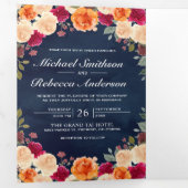 Burnt Oranje Burgundy Floral Navy QR Code Weddensc Drieluik Uitnodiging (Binnenzijde eerst)