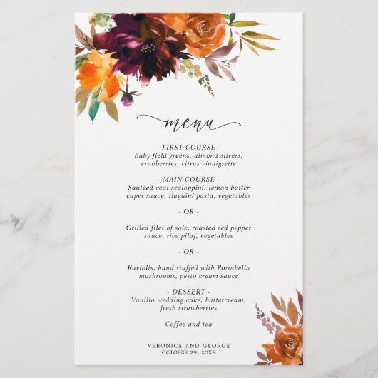 Burnt Oranje Burgundy Rustic Wedding Menu (Voorkant)