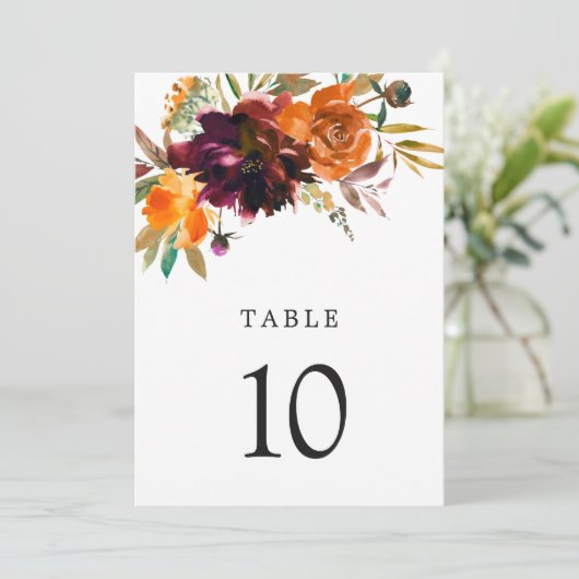 Burnt Oranje Burgundy Rustic Wedding Table Number (Staand voorkant)
