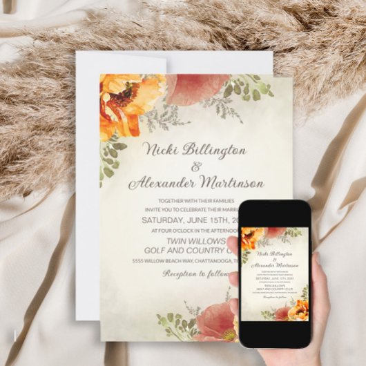 Burnt Oranje Herfst najaar Floral Greenery Wedding Kaart