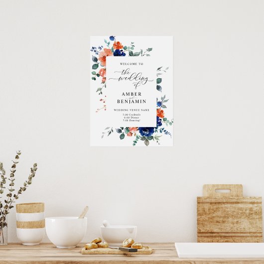 Burnt Oranje Navy Blue Floral Wedding Welcome Poster (Keuken)