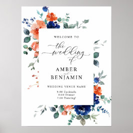 Burnt Oranje Navy Blue Floral Wedding Welcome Poster