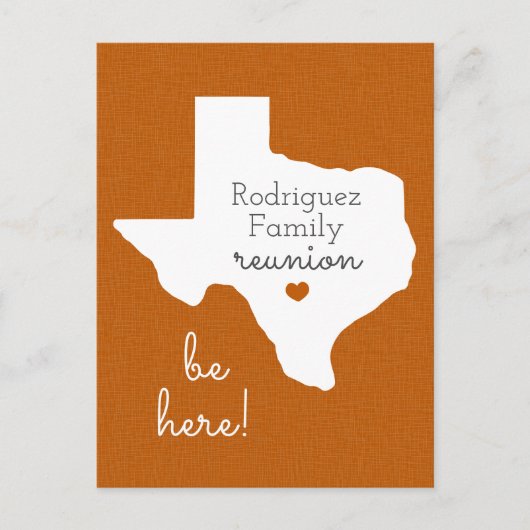 Burnt Oranje State of Texas Family Reunion Briefkaart (Voorkant)
