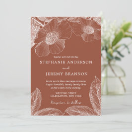 Burnt Oranje Terracotta Floral Line Art Uitnodigin Kaart