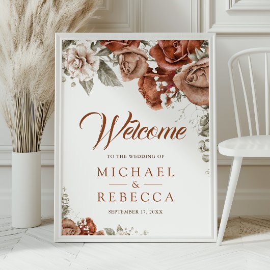 Burnt Oranje Terracotta Floral Wedding Welcome Poster
