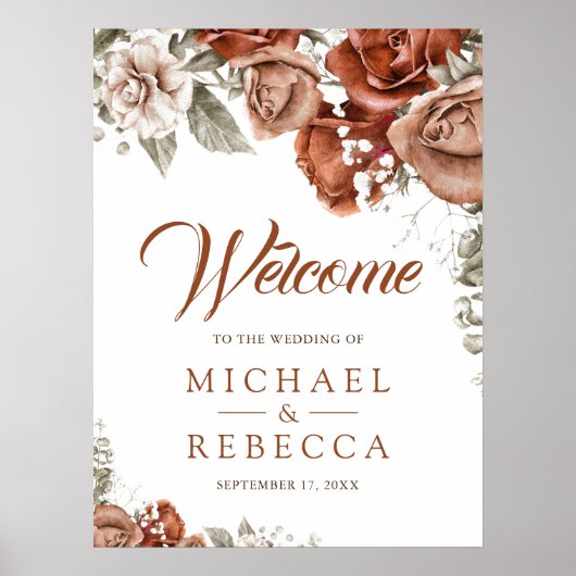 Burnt Oranje Terracotta Floral Wedding Welcome Poster (Voorkant)
