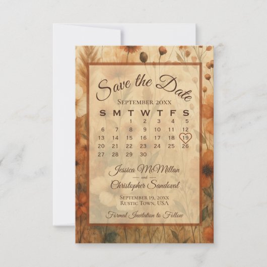 Burnt Sienna Boho Chic Flowers Calendar Wedding Save The Date (Voorkant)