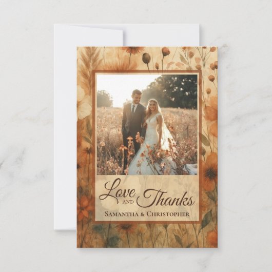 Burnt Sienna Boho Wildflowers Photo & Note Wedding Bedankkaart (Voorkant)