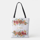Burnt Sienna Coral Floral Waterverf Bouquets Naam Tote Bag (Achterkant)