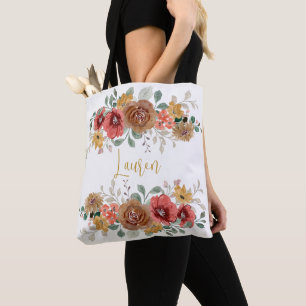 Burnt Sienna Coral Floral Waterverf Bouquets Naam Tote Bag