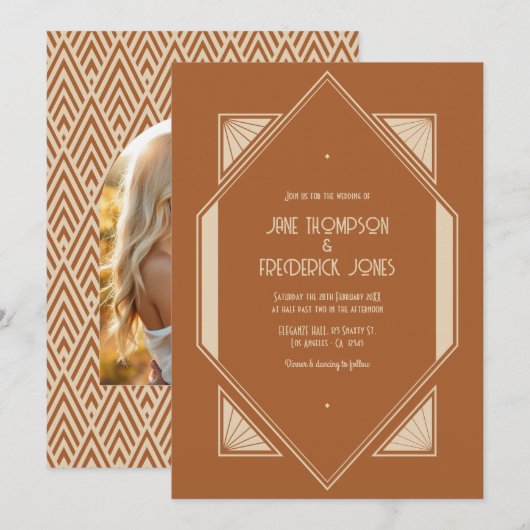 Burnt Sienna & Desert Taupe Art Deco Wedding Photo Kaart (Voorkant / Achterkant)