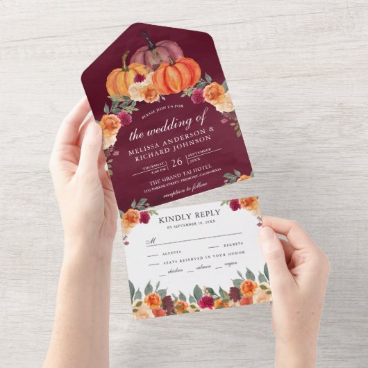 Burnt Sinaasappel Floral Pumpkin Burgundy Wedding All In One Uitnodiging (Afscheurbaar)