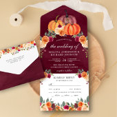 Burnt Sinaasappel Floral Pumpkin Burgundy Wedding All In One Uitnodiging