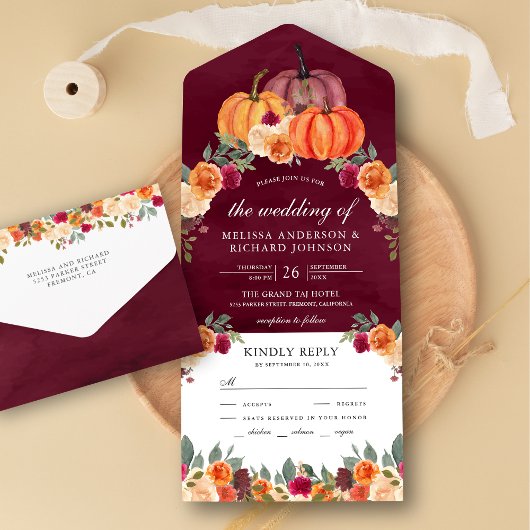 Burnt Sinaasappel Floral Pumpkin Burgundy Wedding All In One Uitnodiging