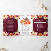 Burnt Sinaasappel Floral Pumpkin Burgundy Wedding Drieluik Uitnodiging (Binnen)