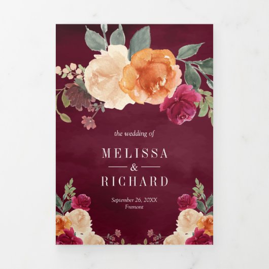 Burnt Sinaasappel Floral Pumpkin Burgundy Wedding Drieluik Uitnodiging (Cover)