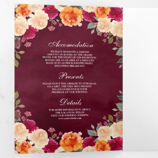 Burnt Sinaasappel Floral Pumpkin Burgundy Wedding Drieluik Uitnodiging (Binnenzijde eerst)
