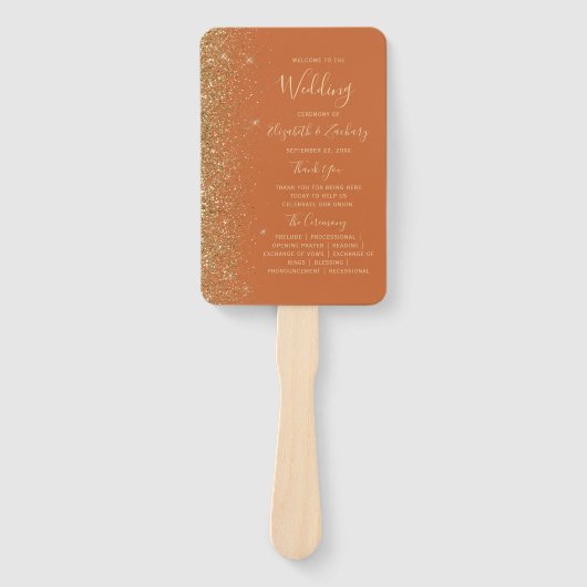 Burnt Sinaasappel Goud Glitter Edge Trouwprogramma Handwaaier (Voorkant)