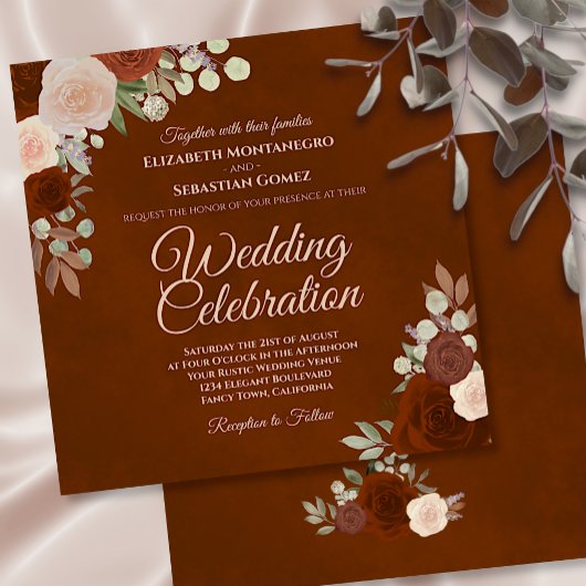 Burnt Umber Elegant Rust & Coral Rozen Wedding Kaart