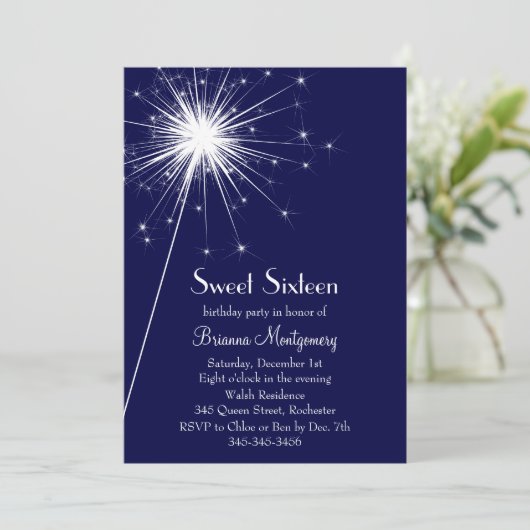 Burst van Sparkles Sweet Sixteen Invitation (blauw Kaart (Staand voorkant)