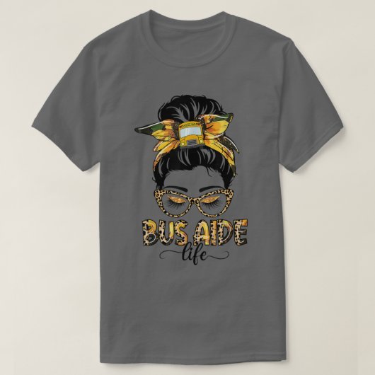 Bus Aide Life Messy Bun Sunflower Leopard Bus Aide T-shirt (Design voorkant)