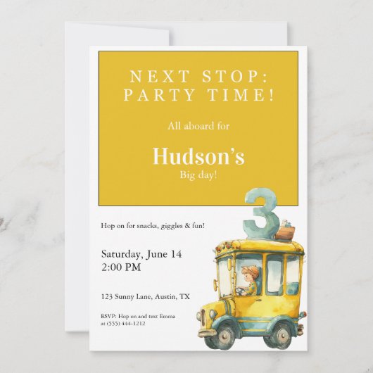 Bus Birthday Invitation • Kids Party Kaart (Voorkant)