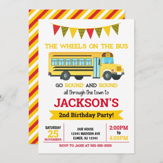 Bus Birthday Invitation / Wheels on Bus Kaart (Voorkant / Achterkant)