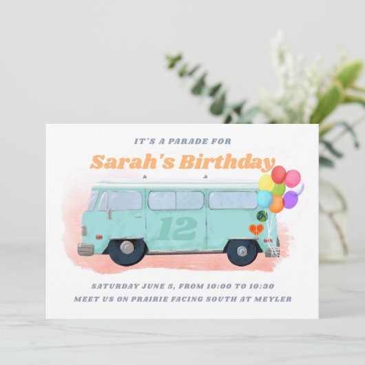 bus Retro 70s Birthday Parade Kaart (Staand voorkant)