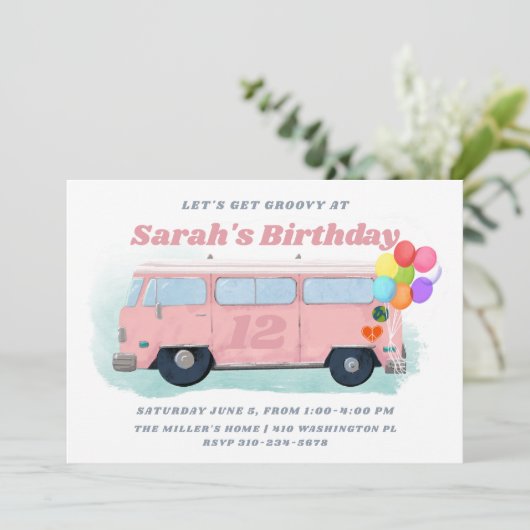  bus Retro 70s Groovy Birthday Party Kaart (Staand voorkant)