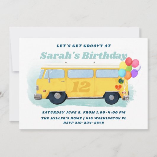 bus Retro 70s Groovy Birthday Party Kaart (Voorkant)