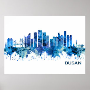 Busan South Korea Skyline Blue Poster