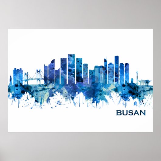 Busan South Korea Skyline Blue Poster (Voorkant)