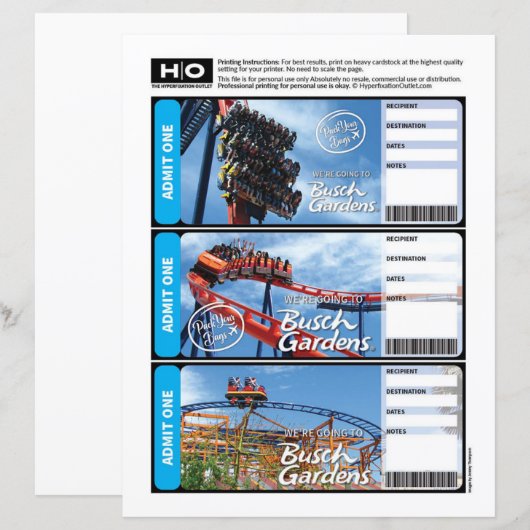 Busch Gardens Mock Ticket voor reizen en evenement (Voorkant / Achterkant)